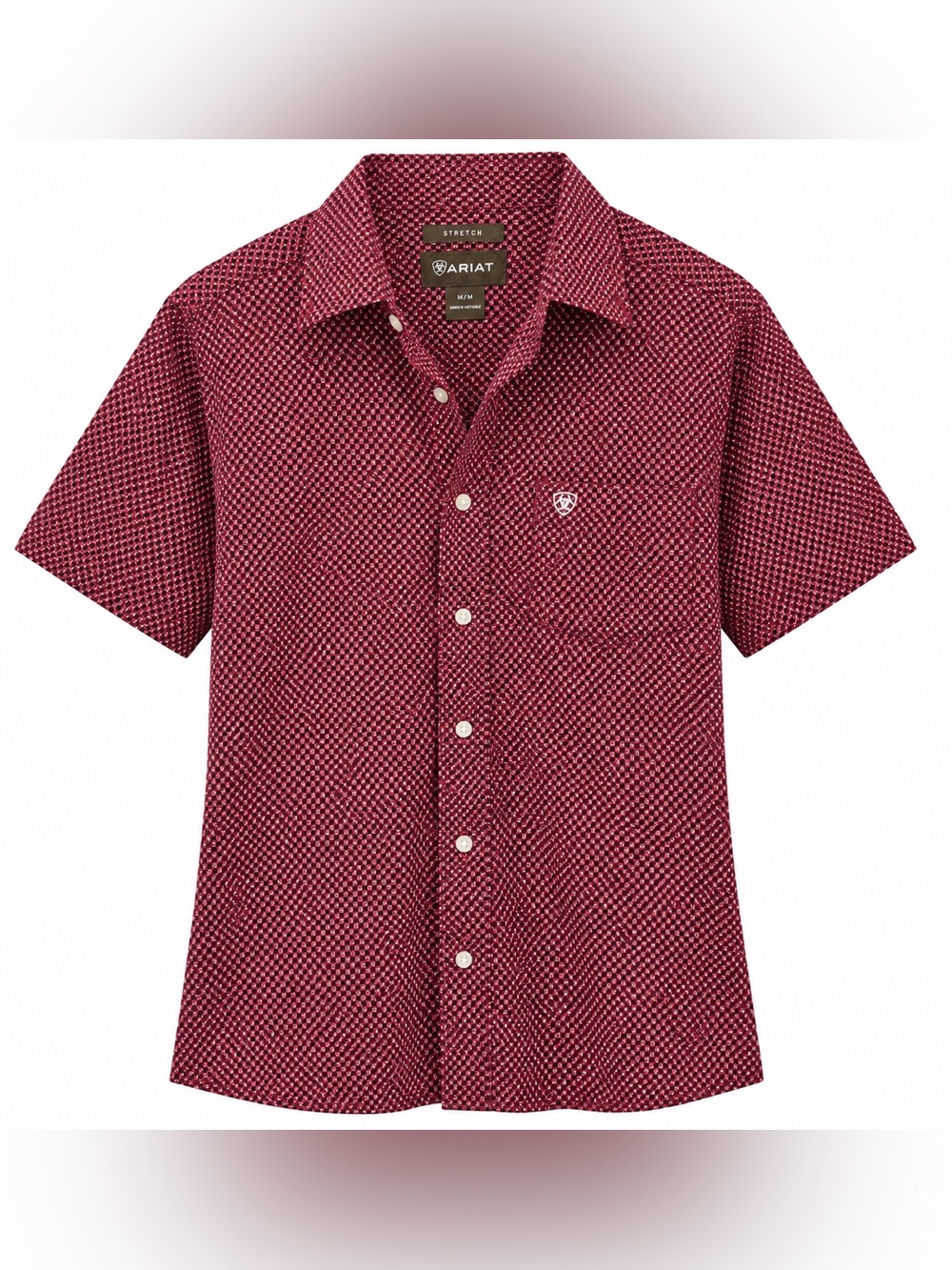 Ariat Men’s M Stretch Short Sleeve Button Down Shirt Red Navy Geometric Western